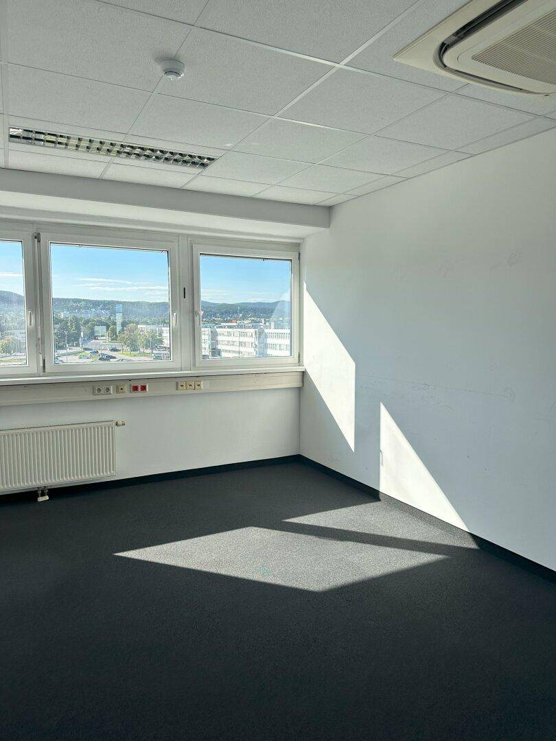 Leeres Büro mit Teppichboden, abgehängter Decke und viel Tageslicht durch die Fenster.