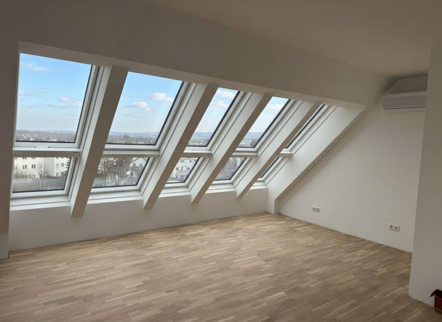 Leerer Raum im Dachgeschoss mit vielen Dachfenstern und Holzboden, bereit zur individuellen Gestaltung.