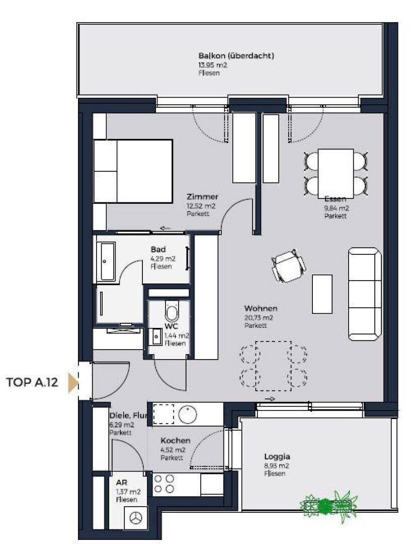 Detaillierter Grundriss der Wohnung TOP A.12 mit Balkon, Loggia und Raumaufteilung.