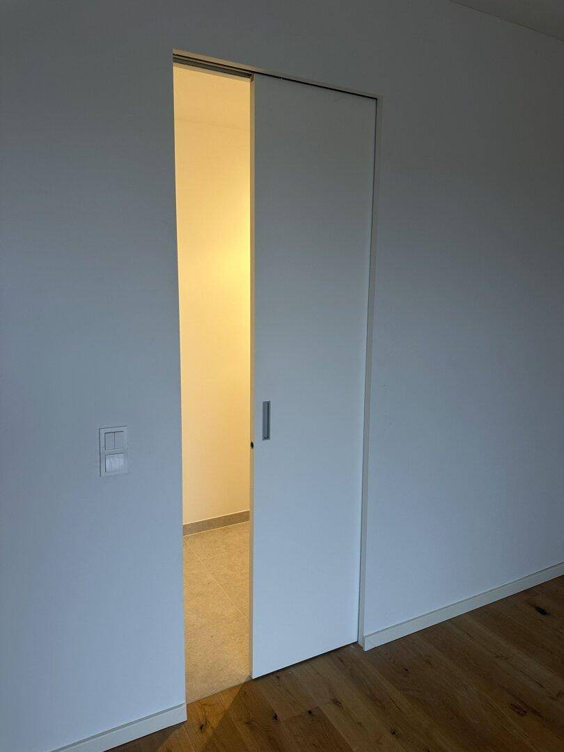 Moderner Flur mit einer eleganten Schiebetür und Holzboden, der Licht in den Raum lässt.