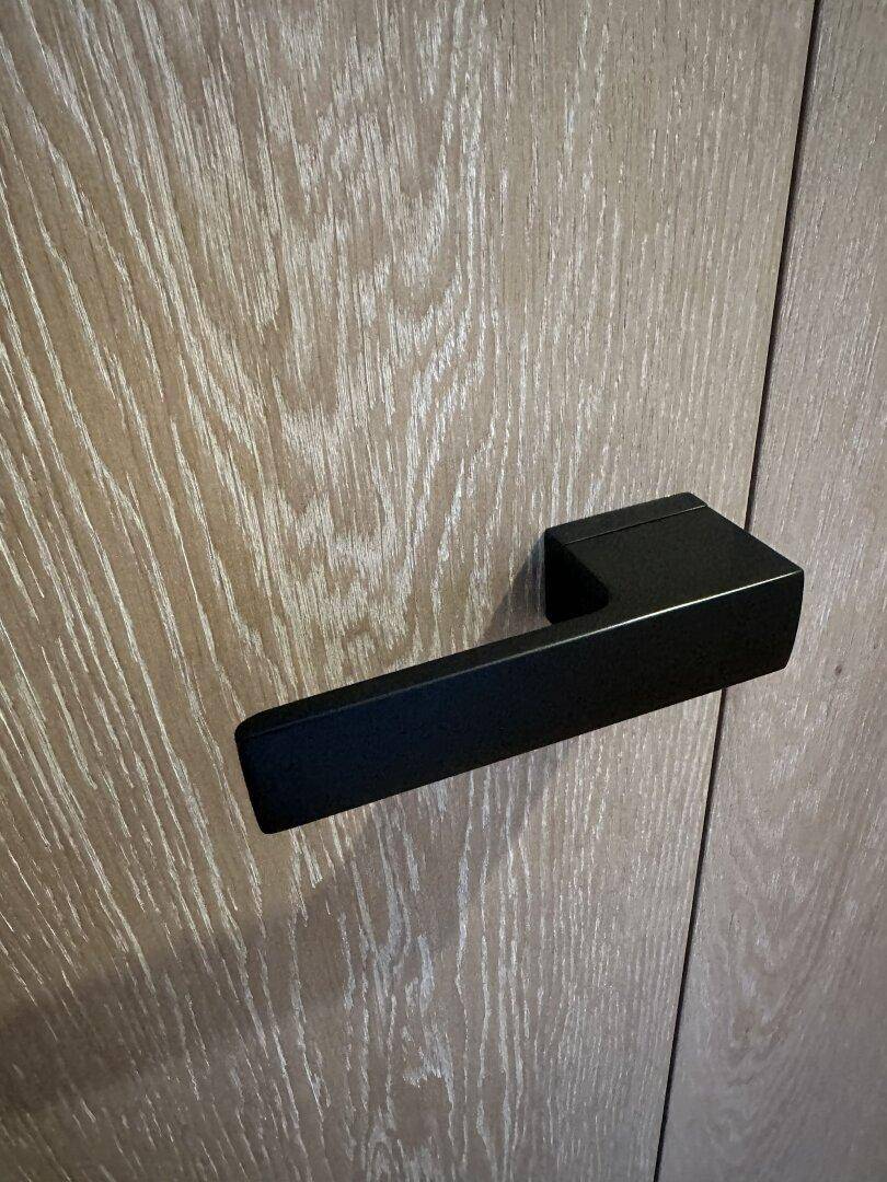 Detailaufnahme eines modernen schwarzen Türgriffs auf einer Holztür.