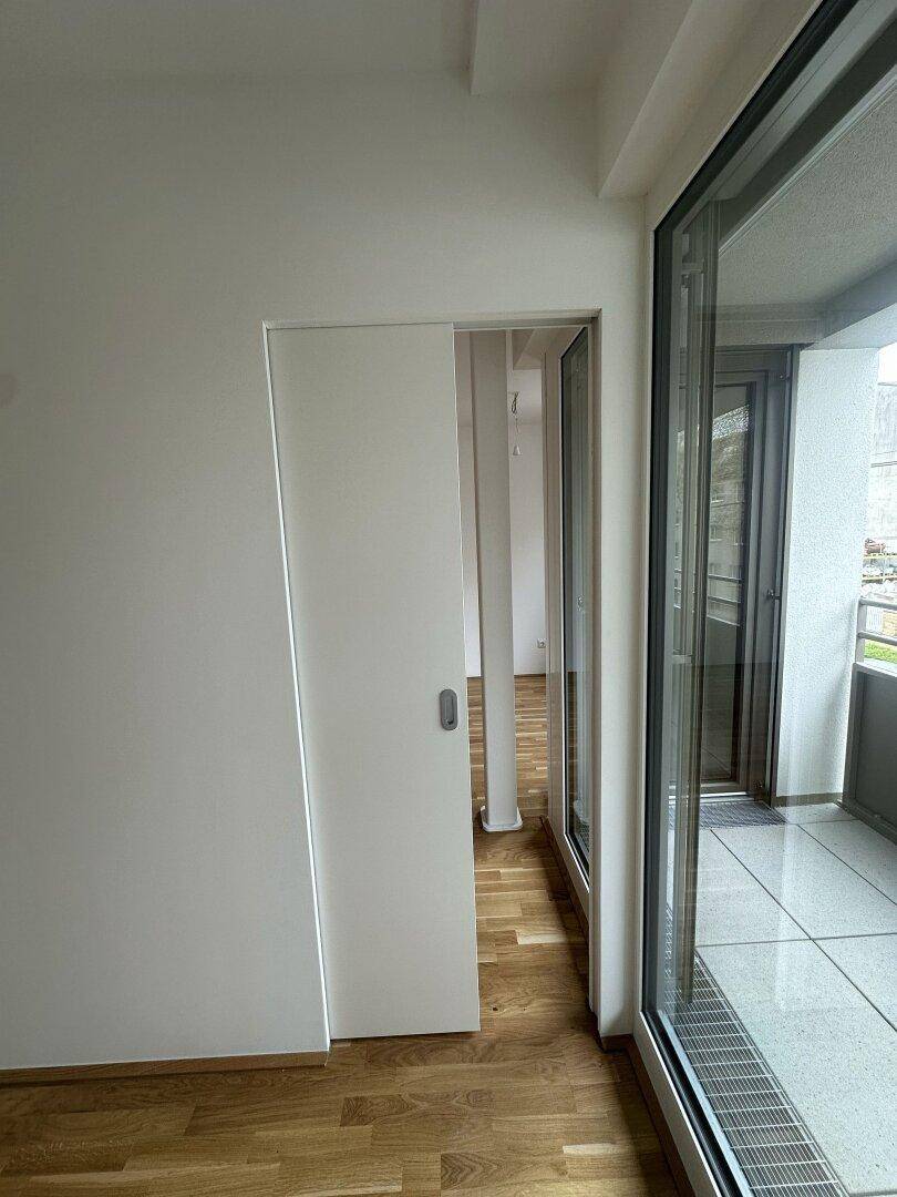 Detailansicht einer modernen Schiebetür und großer Glasfronten mit Zugang zu einem Balkon.
