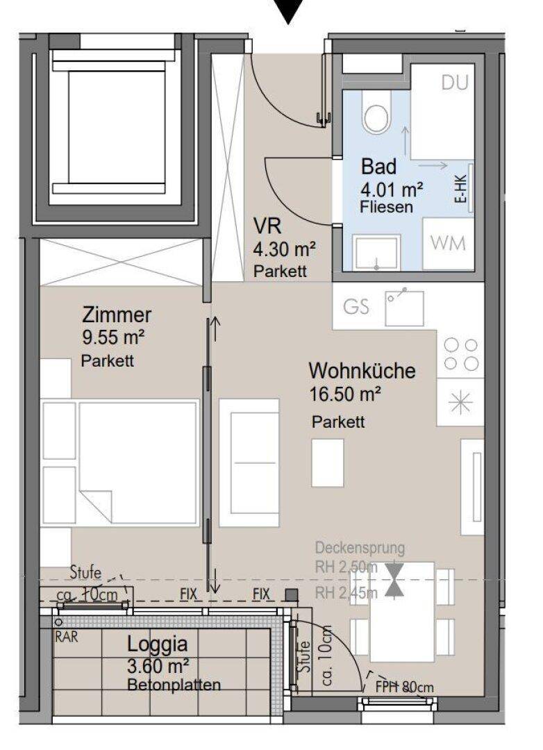 Grundriss einer Wohnung mit Wohnküche, Zimmer, Bad und einer Loggia.