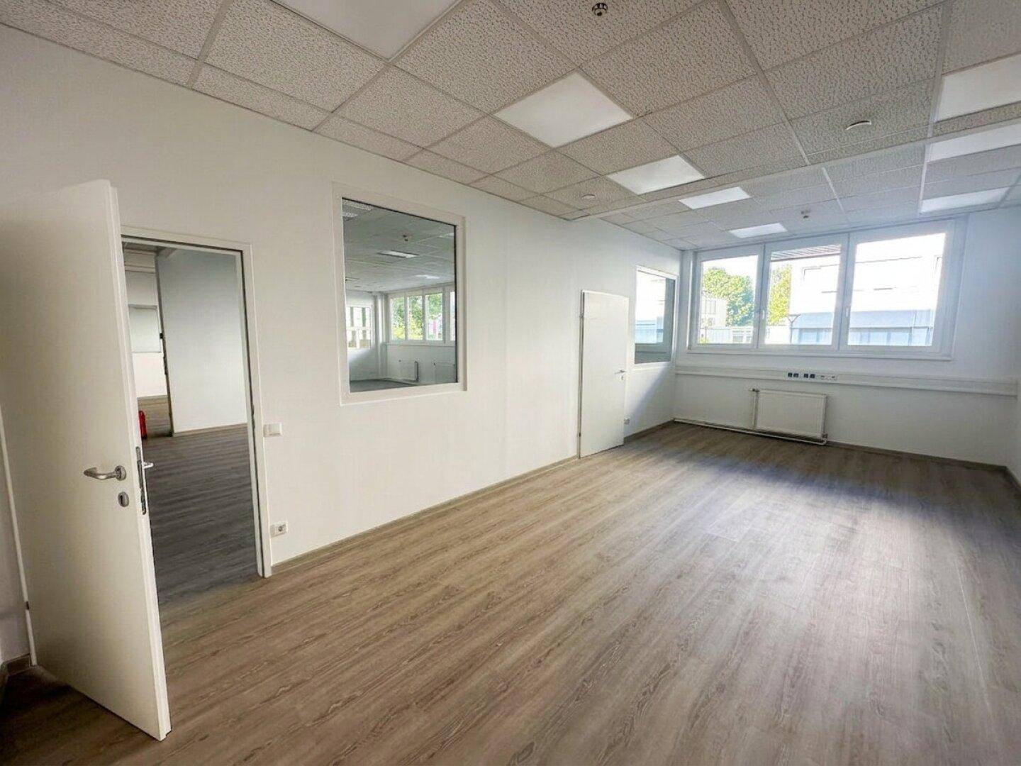 Helles Büro mit Laminatboden, großen Fenstern und abgehängter Decke.