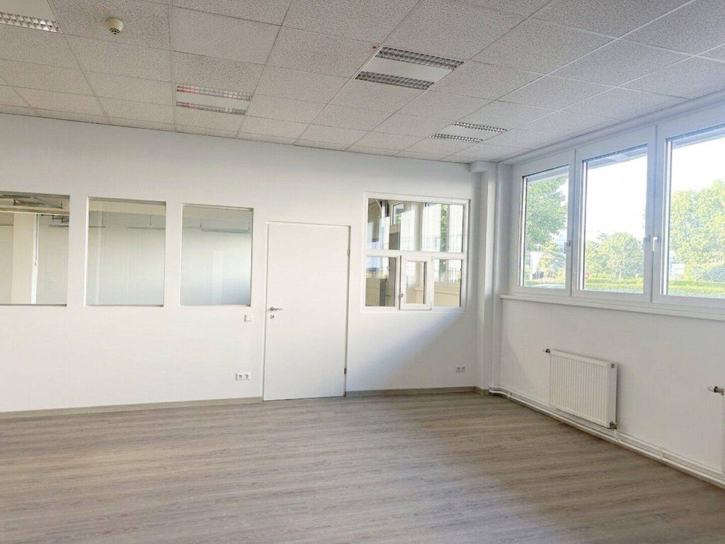 Heller Büroraum mit Laminatboden, großen Fenstern und weiß gestrichenen Wänden.
