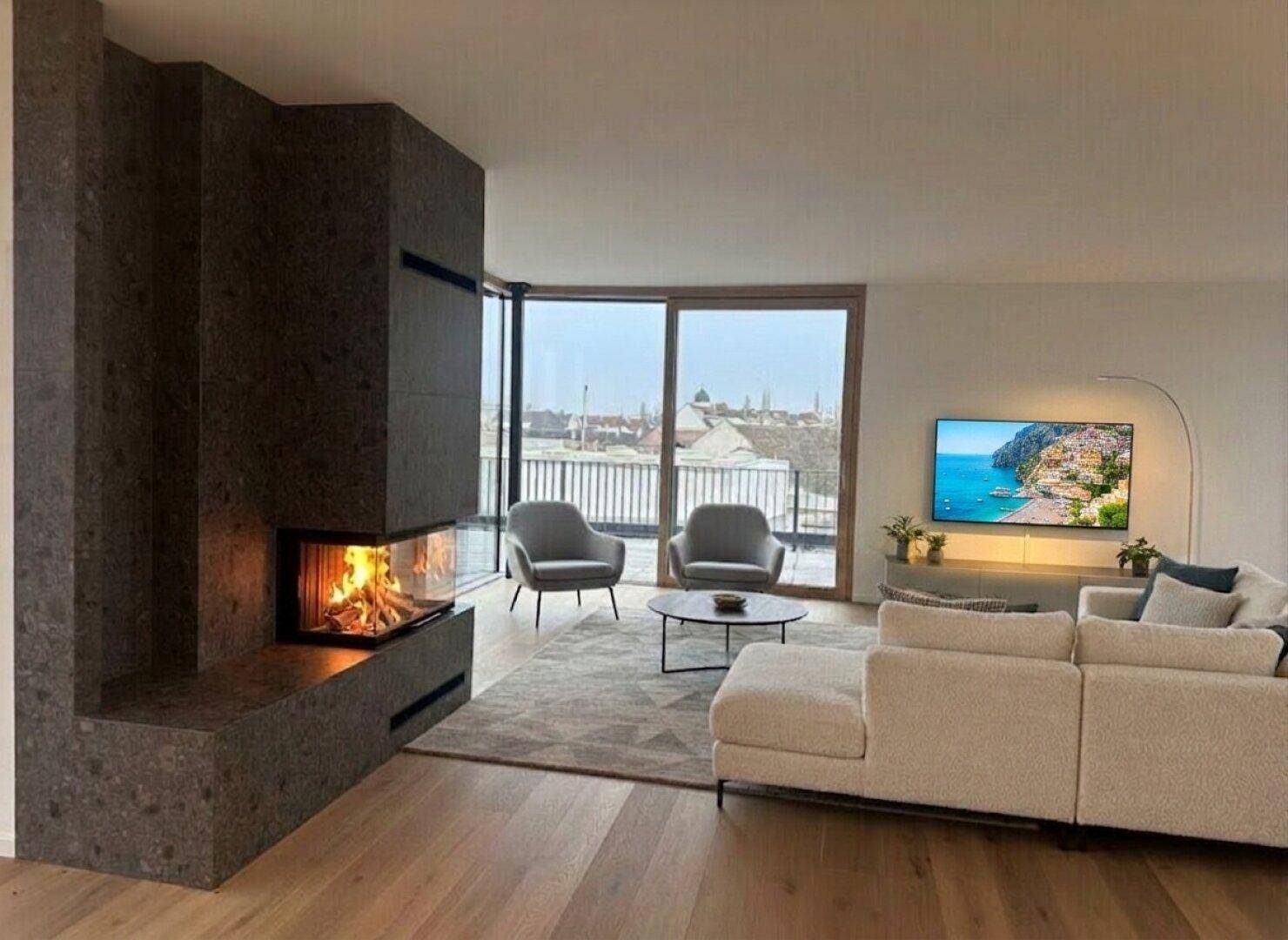 Gemütliches Wohnzimmer mit modernem Kamin, bequemer Couch und Panoramablick.