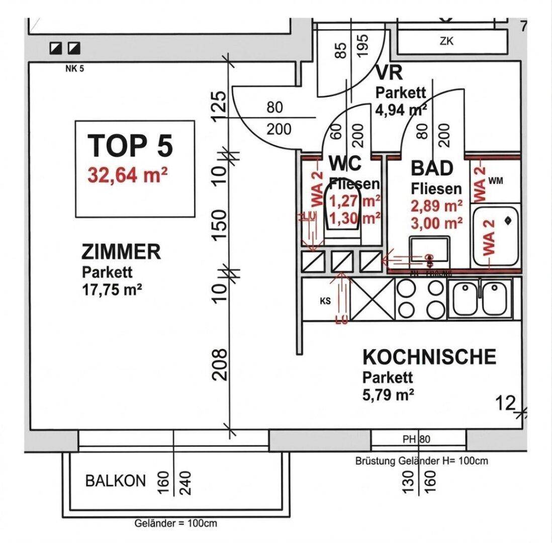 Detaillierter Grundriss einer Wohnung mit Zimmer, Kochnische, Bad und Balkon.