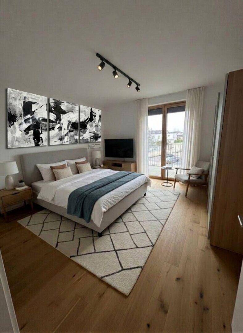 Helles Schlafzimmer mit modernem Design, Holzboden und Zugang zu einem Balkon mit Stadtblick.
