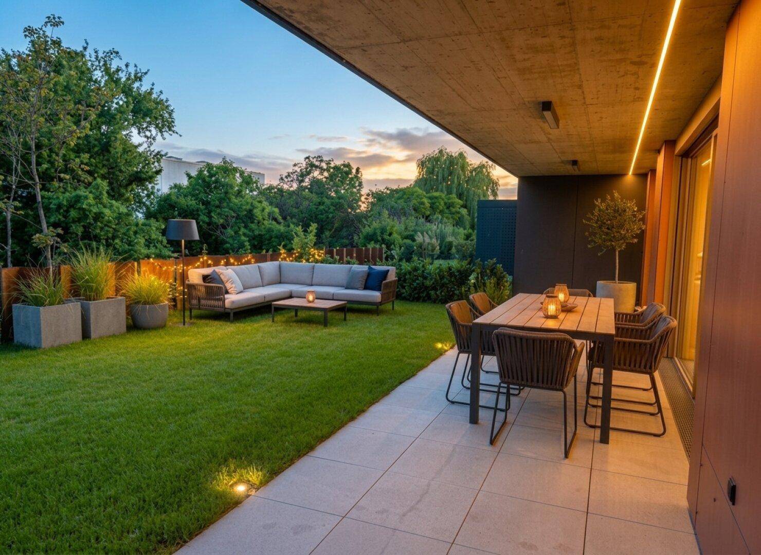 Moderne Terrasse mit Essbereich und Lounge-Sofa, umgeben von einem gepflegten Garten bei Sonnenuntergang.