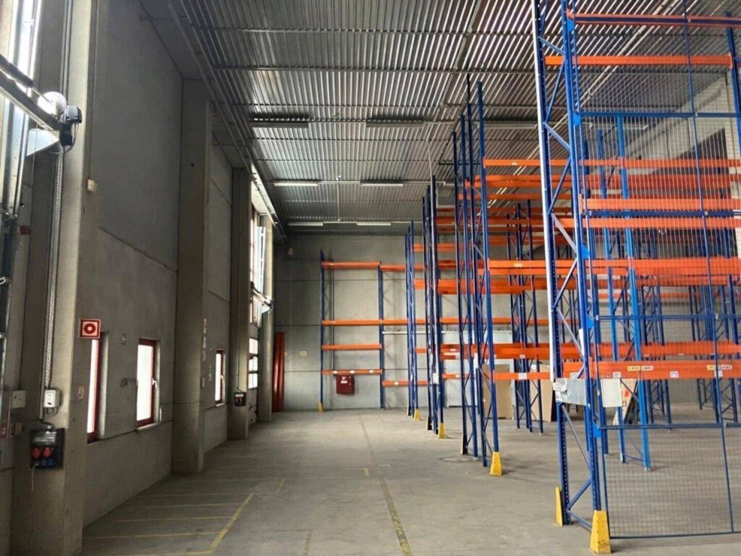 Weitläufige Lagerhalle mit hohen Regalen, Betonwänden und Wellblechdach.