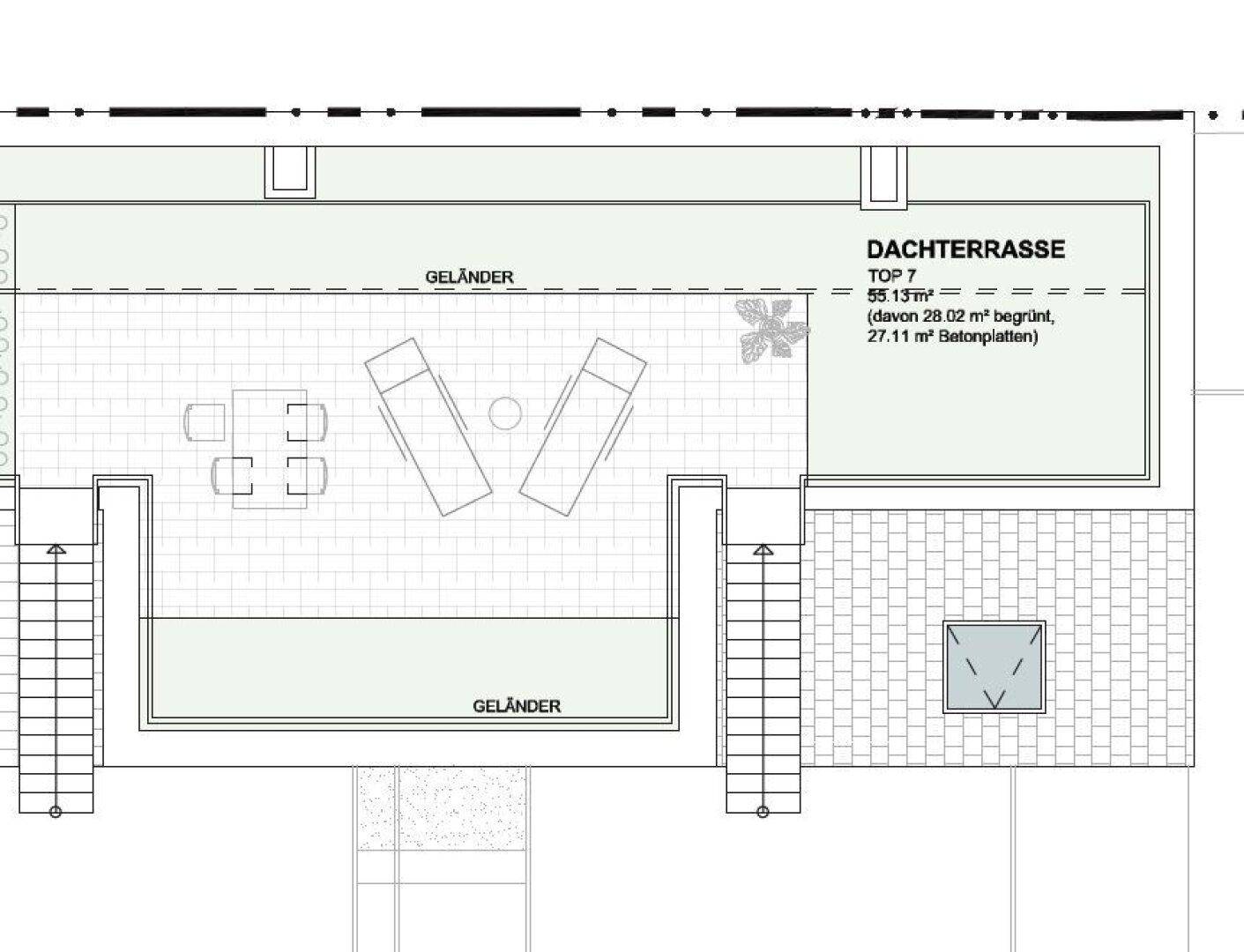 Grundriss der Dachterrasse mit Sitzgelegenheiten und Liegen für entspannte Stunden im Freien.