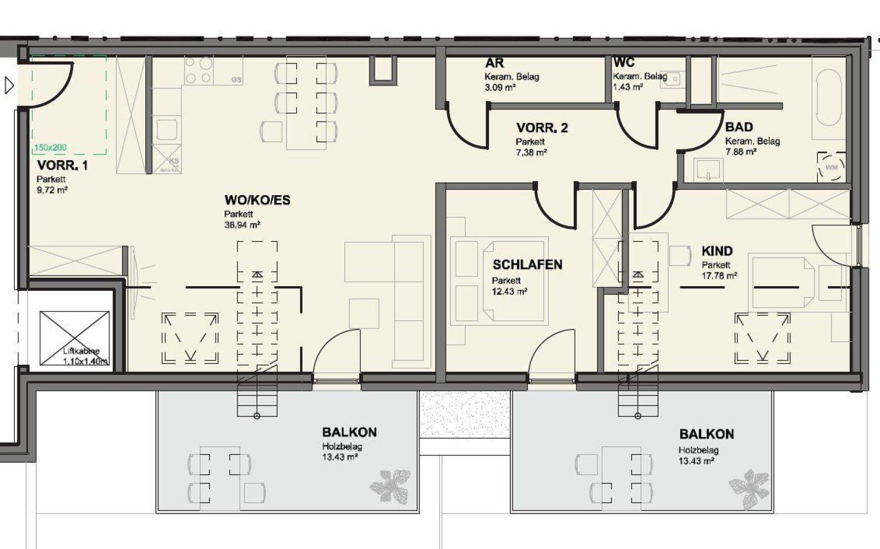 Detaillierter Grundriss einer Wohnung mit offenem Wohnbereich, zwei Schlafzimmern und zwei Balkonen.