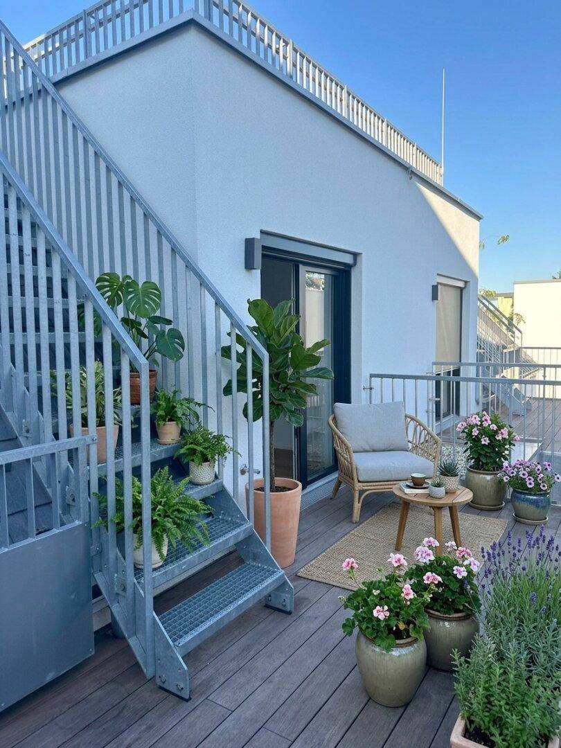 Gemütlicher Balkon mit Holzdeck, vielen Pflanzen und einer kleinen Sitzecke zum Entspannen.