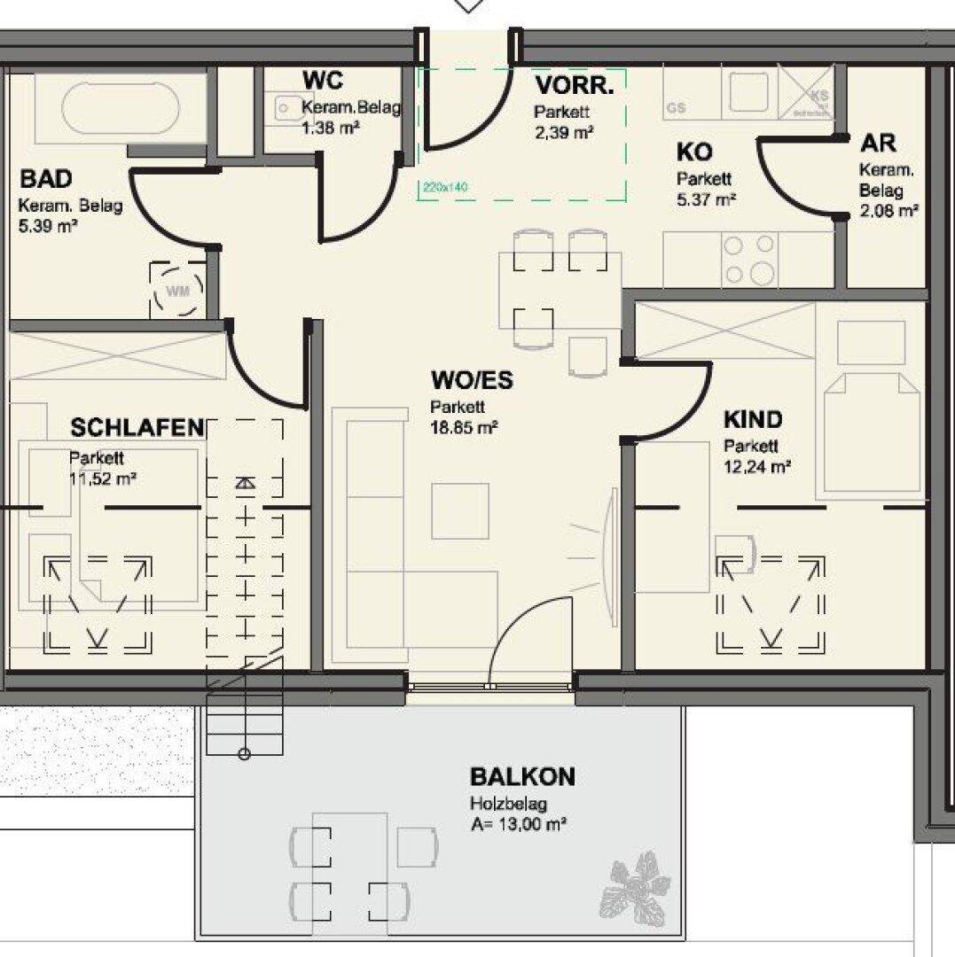 Grundriss einer Wohnung mit drei Zimmern, offenem Wohn-Essbereich und Balkon.