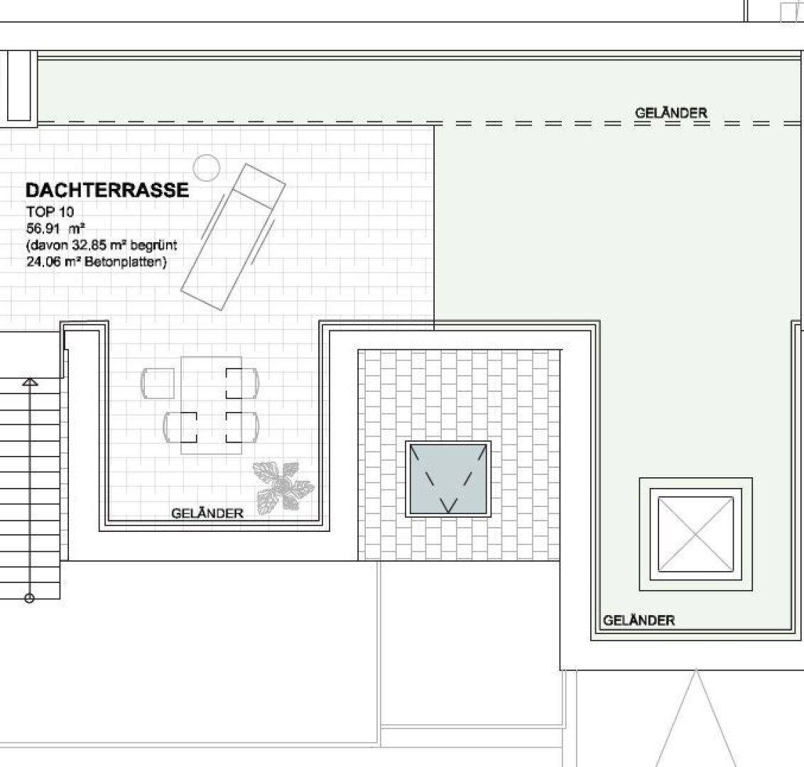 Grundriss einer großzügigen Dachterrasse mit Sitzbereichen und Grünflächen.