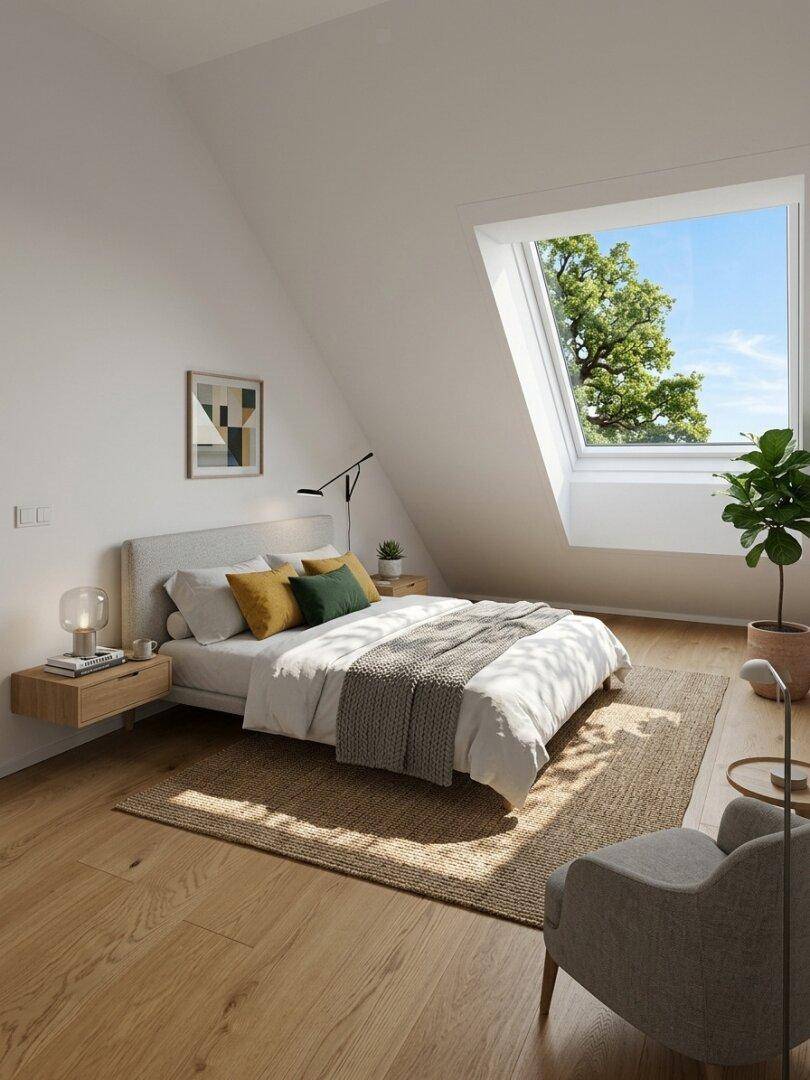 Modernes Schlafzimmer mit Holzboden, großem Dachfenster und viel natürlichem Licht.