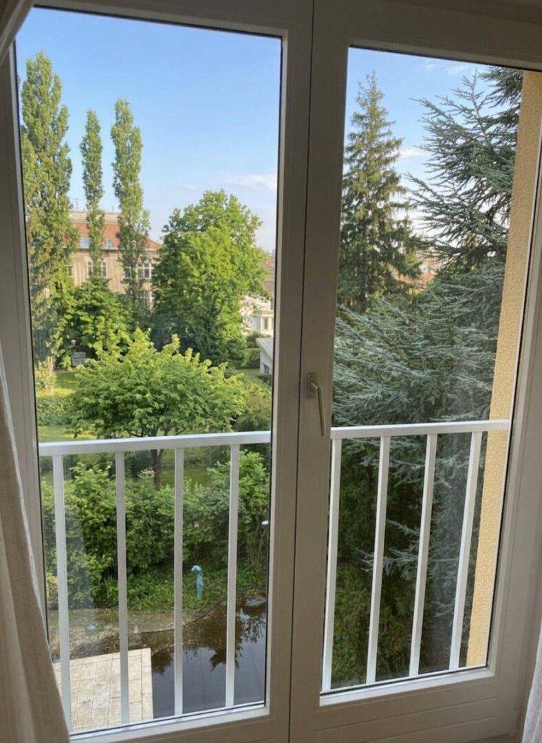 Ausblick ins Grüne mit Bäumen und einem Teich von einem Fenster aus.