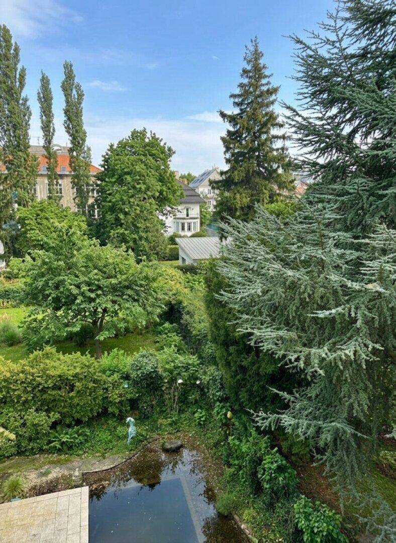 Malerischer Garten mit üppiger Vegetation, einem Teich und hohen Bäumen.