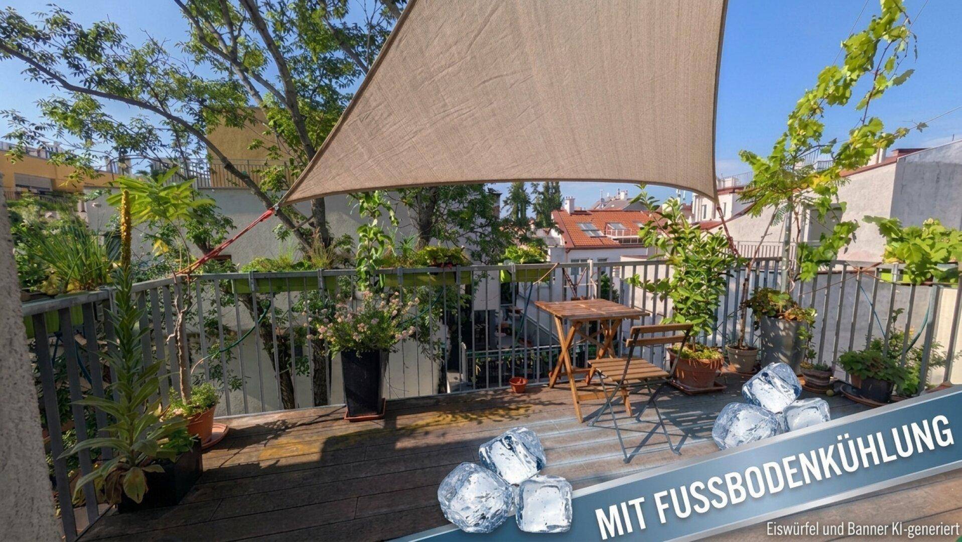 Sonnige Dachterrasse mit Holzboden, bepflanzten Töpfen und gemütlicher Sitzecke unter einem Sonnensegel.