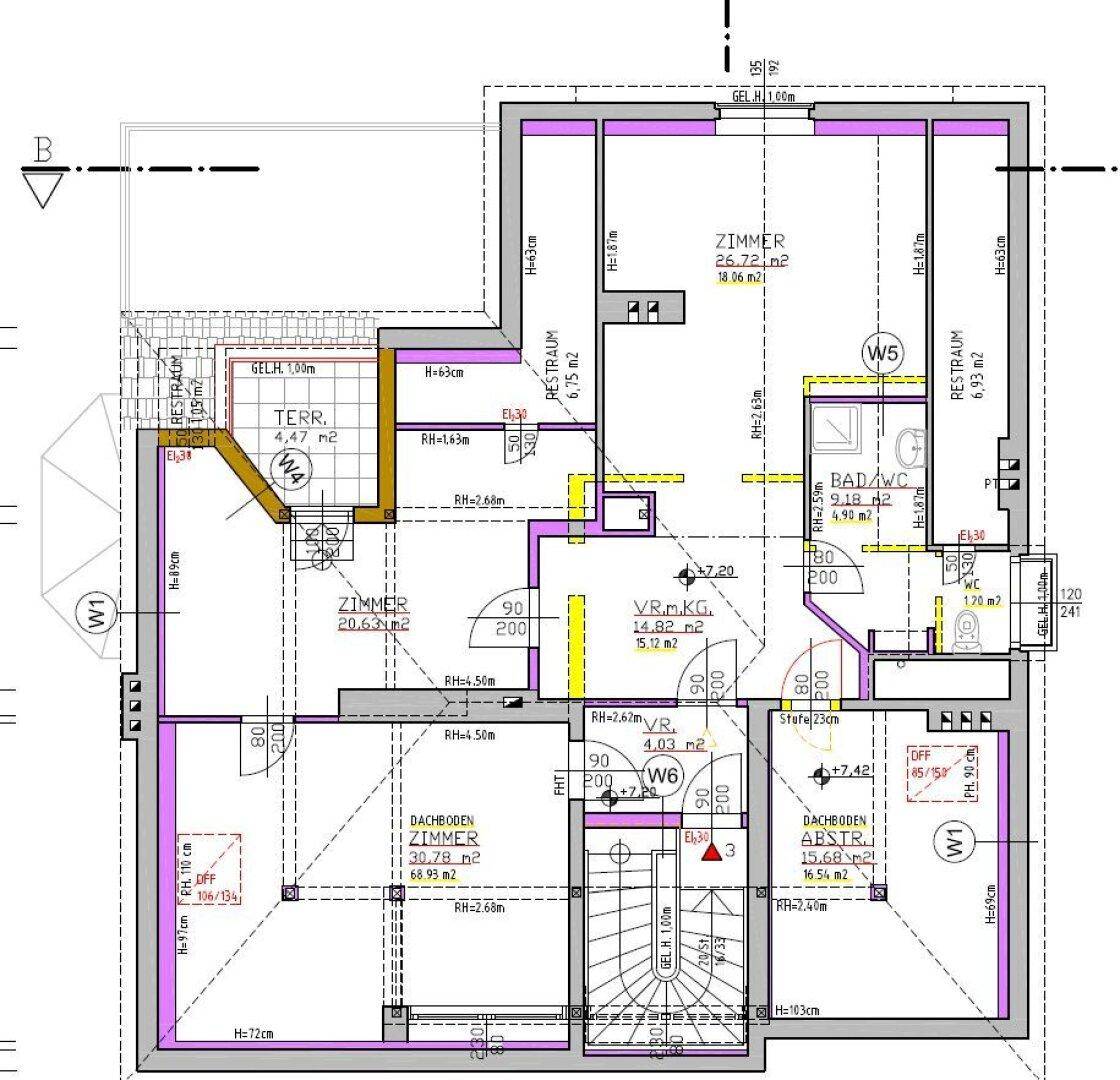 Detaillierter Grundriss einer Wohneinheit mit mehreren Zimmern, Bad, WC, Terrasse und Dachschrägen.