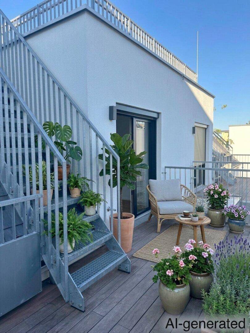 Gemütliche Terrasse mit Holzdeck, Sitzgelegenheiten und vielen Topfpflanzen, zugänglich über eine Außentreppe.