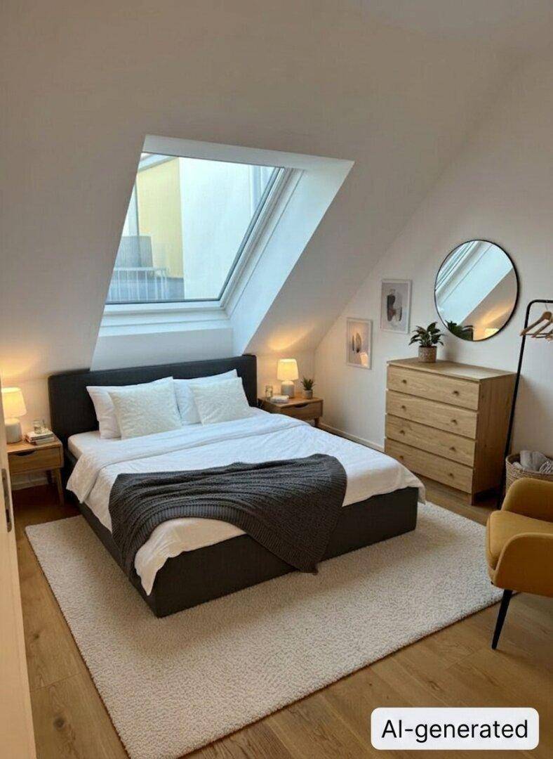 Helles Schlafzimmer im Dachgeschoss mit großem Dachfenster, Holzboden und moderner Einrichtung.