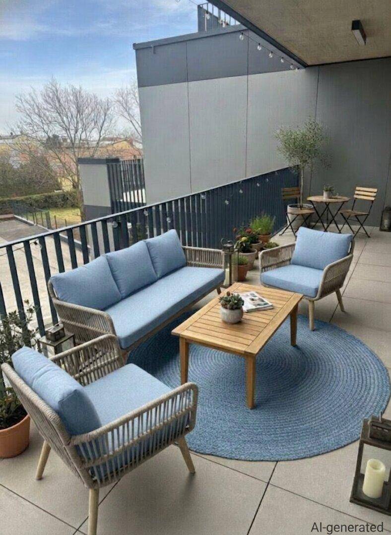Gemütlicher Balkon mit modernen Outdoor-Möbeln und Blick auf die Umgebung.