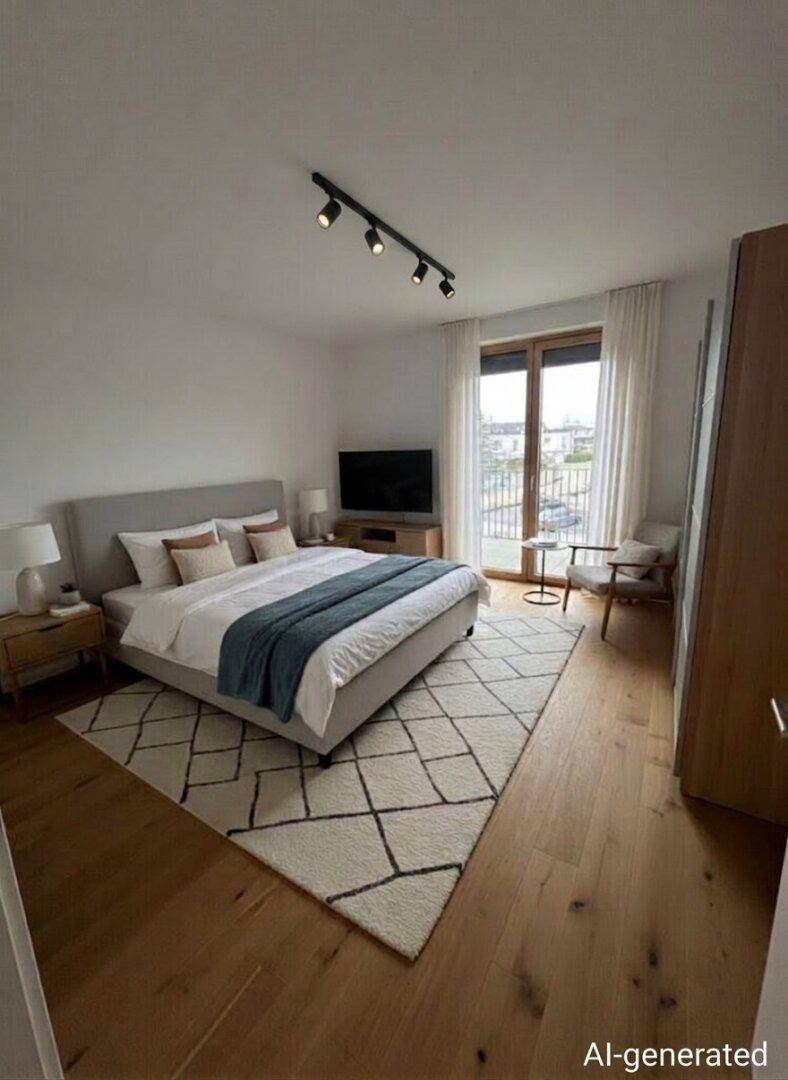 Gemütliches Schlafzimmer mit Holzboden, großem Bett und Zugang zum Balkon.