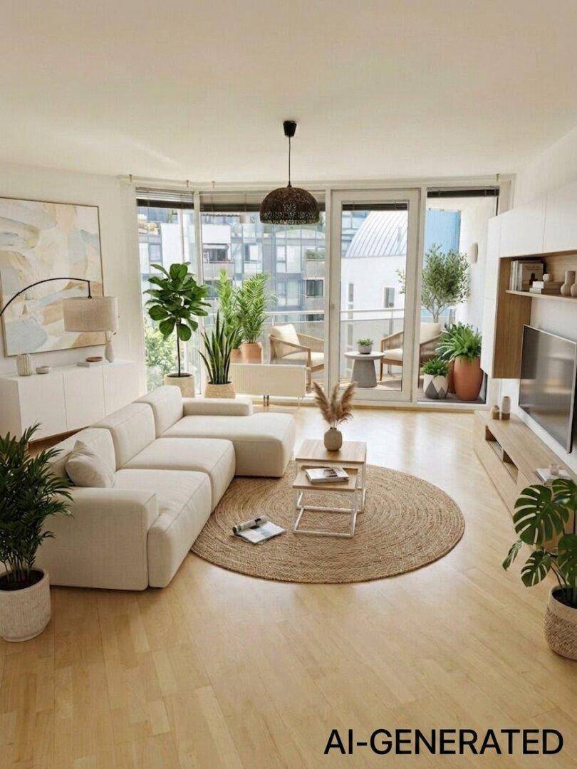 Helles Wohnzimmer mit modernem Design, Holzboden und Zugang zu einem möblierten Balkon.