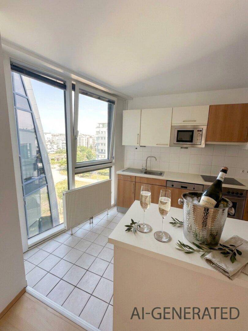 Funktionale Küche mit Fliesenboden, Einbaugeräten und einem Fenster mit Stadtblick.