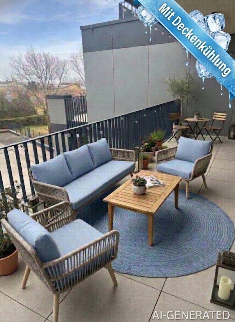 Möblierter Balkon mit bequemen Sitzgelegenheiten und einem Teppich, der zum Entspannen einlädt.