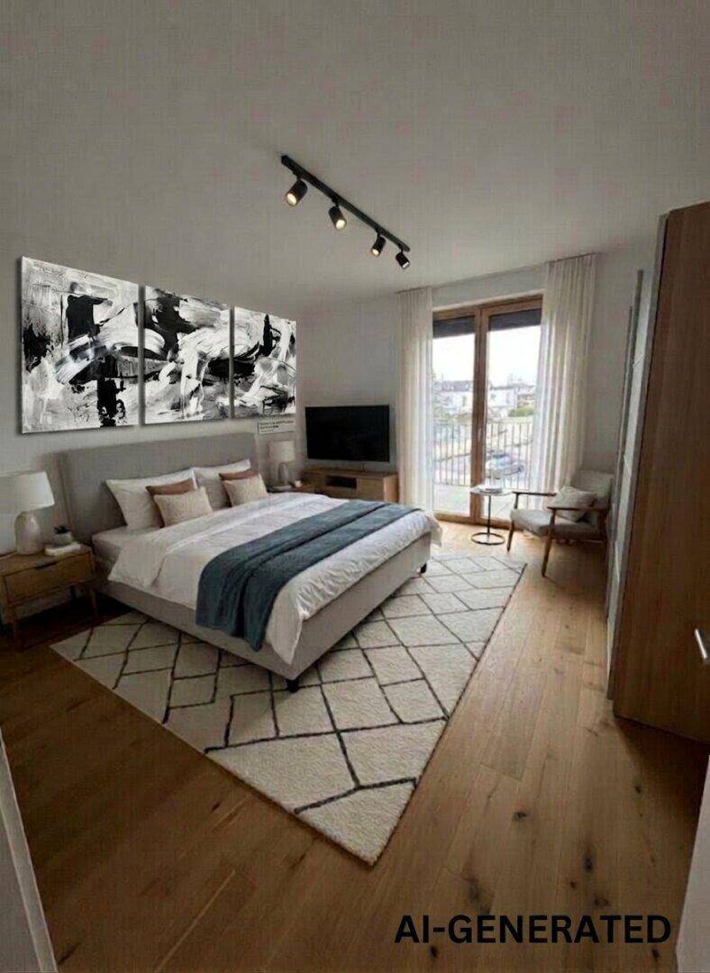 Modernes Schlafzimmer mit Holzboden, großem Bett und Zugang zu einem kleinen Balkon.