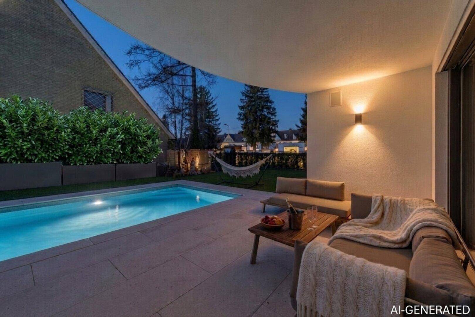 Gemütliche überdachte Terrasse mit Lounge-Möbeln und Blick auf den beleuchteten Pool.