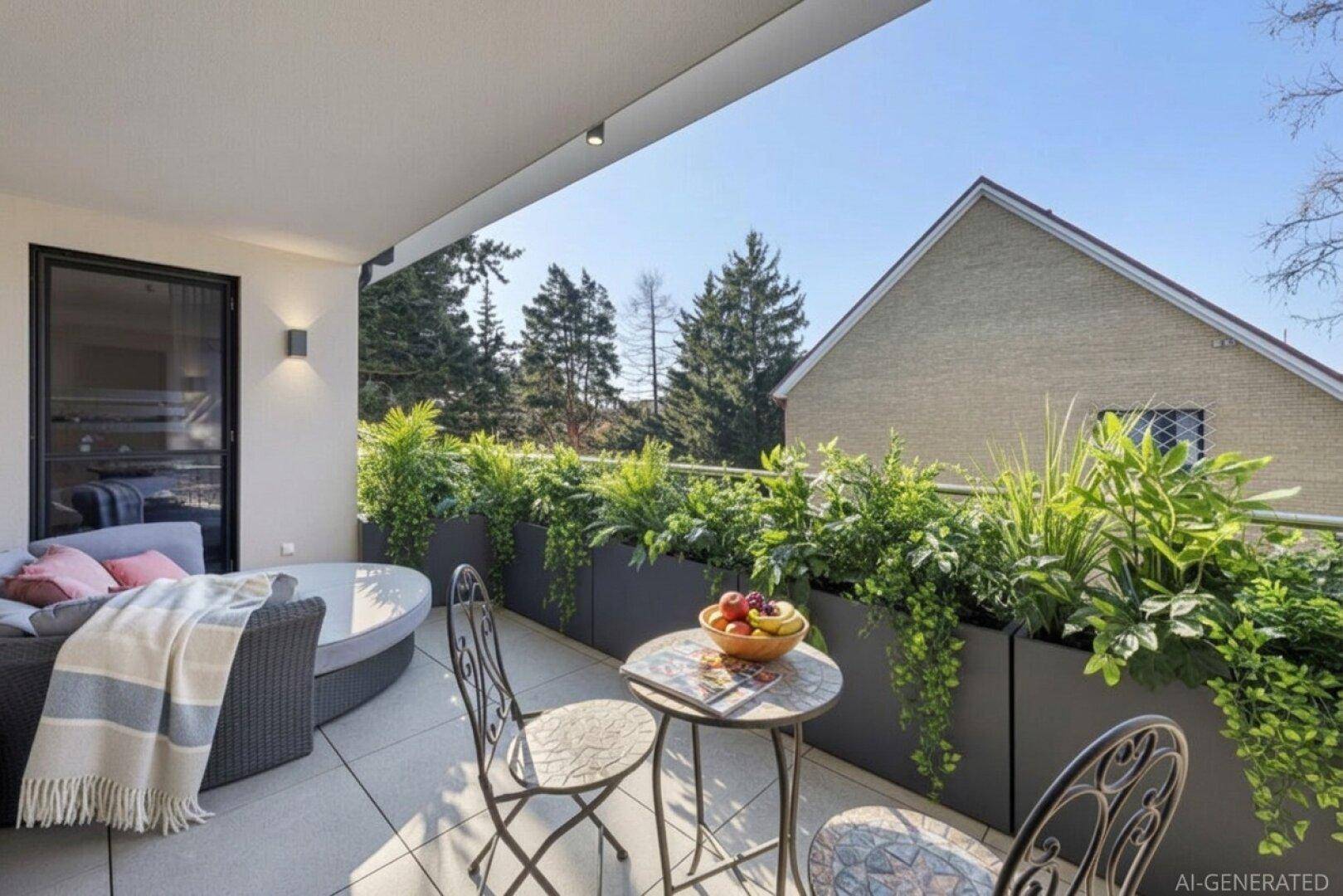 Sonniger Balkon mit bequemen Lounge-Möbeln und grünen Pflanzen in Kübeln.