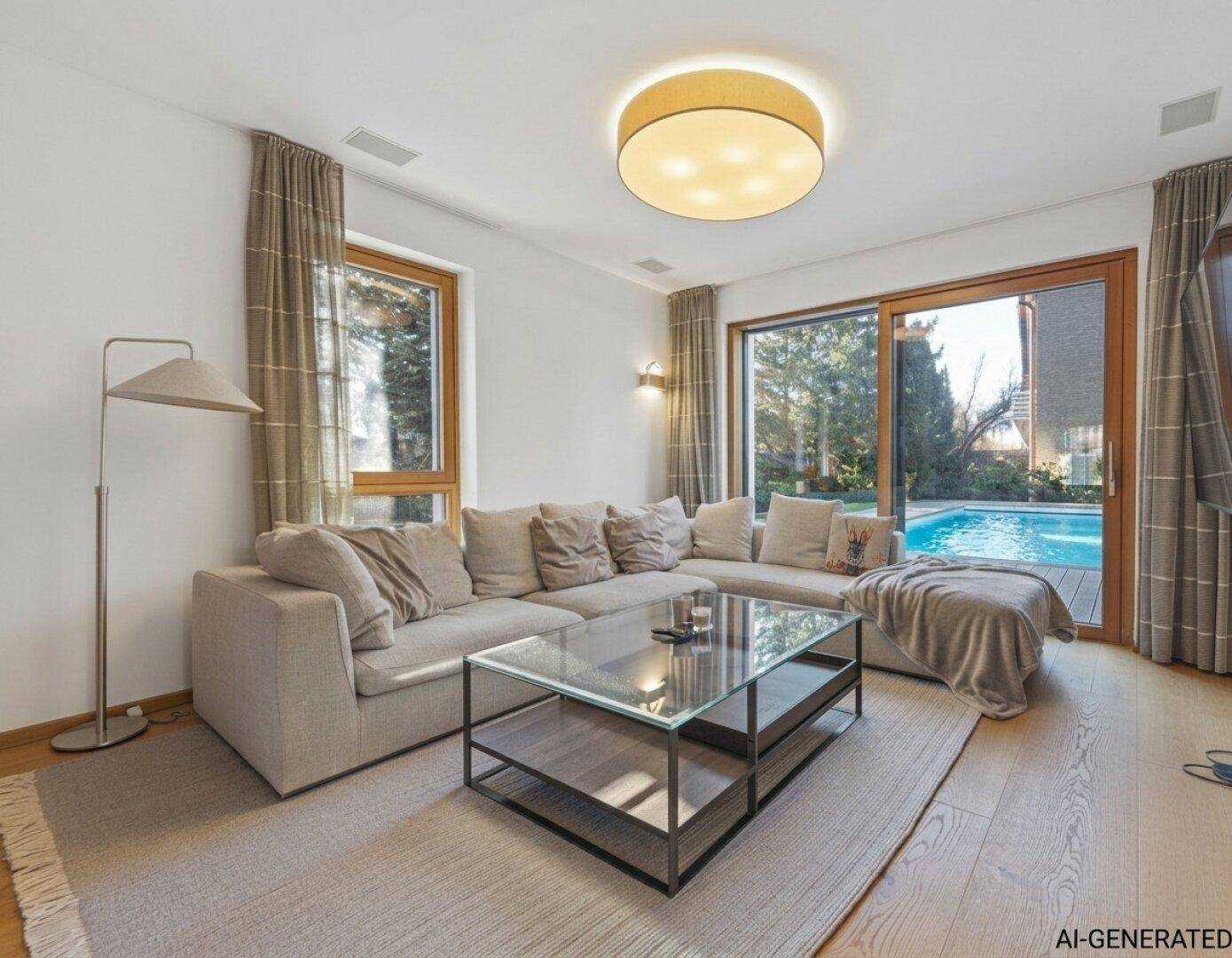 Gemütliches Wohnzimmer mit großem Sofa, Holzboden und direktem Blick auf den Pool.