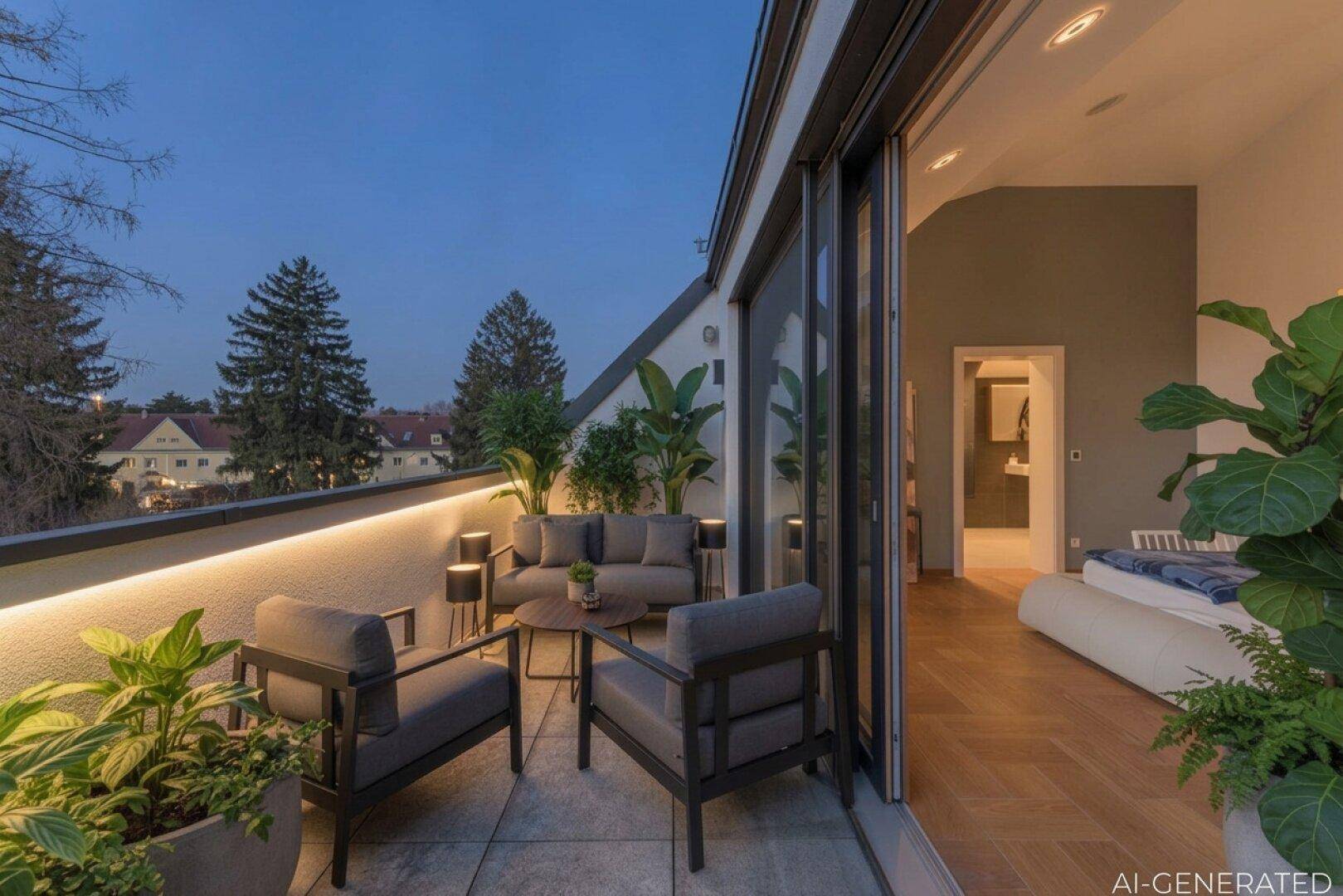 Beleuchteter Balkon mit Lounge-Möbeln und Pflanzen, zugänglich vom Schlafzimmer.