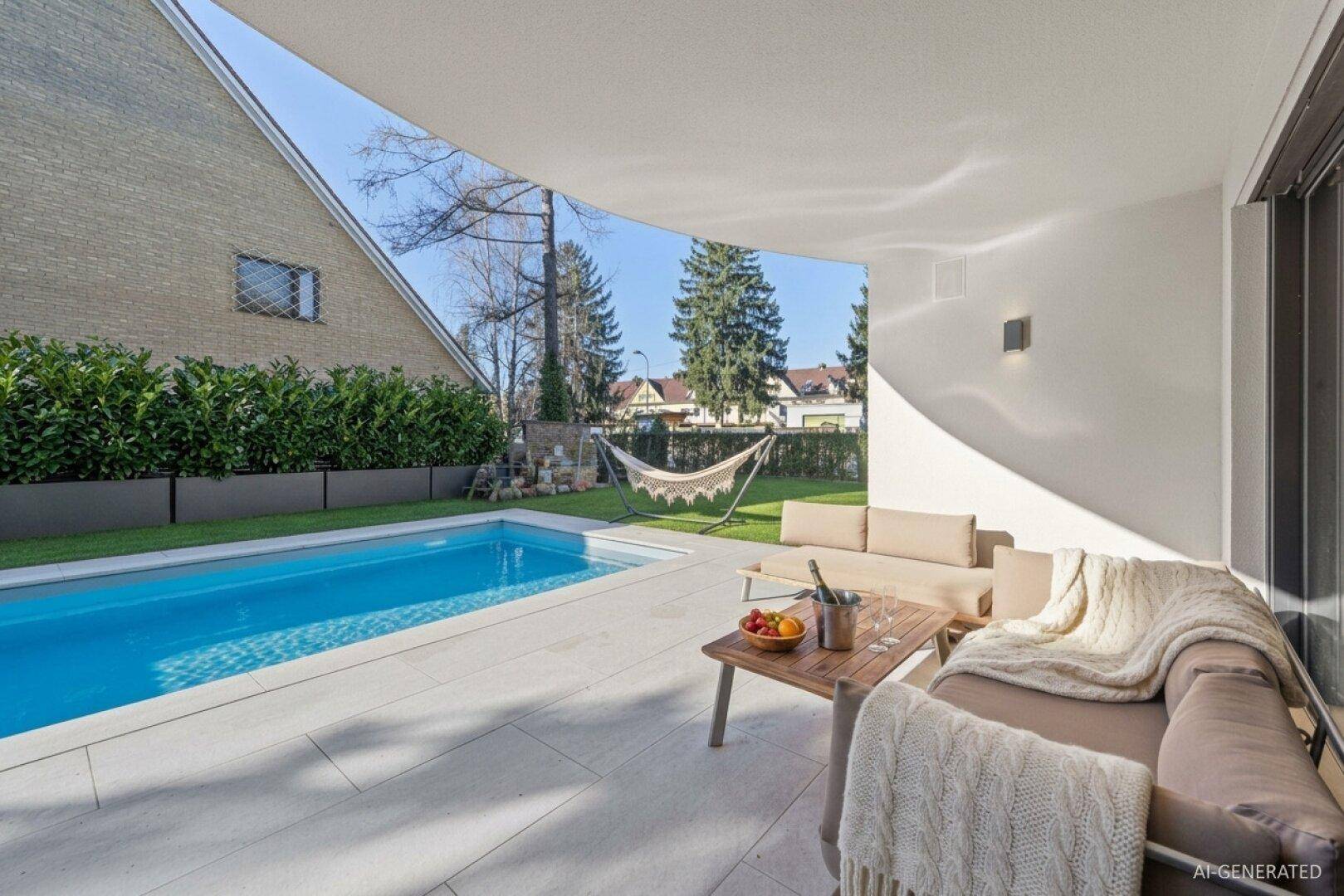 Überdachte Terrasse mit Lounge-Möbeln und Poolbereich an einem sonnigen Tag.