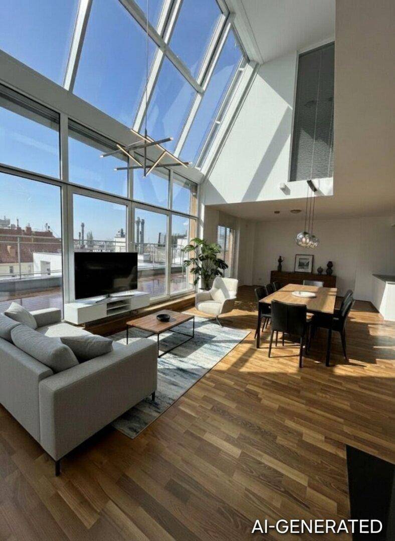 Lichtdurchfluteter offener Wohn-Essbereich mit hohen Decken, großen Glasflächen und Holzboden.