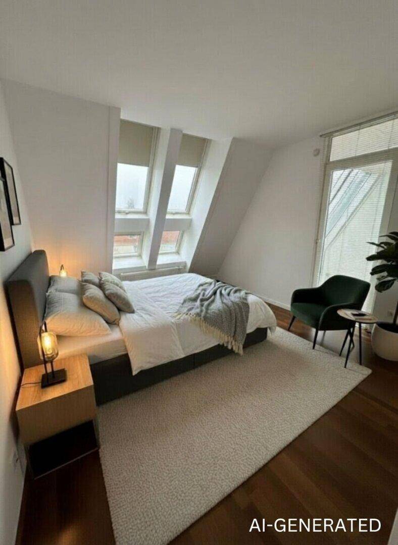 Helles Schlafzimmer im Dachgeschoss mit schrägen Wänden, Dachfenstern und modernem Interieur.