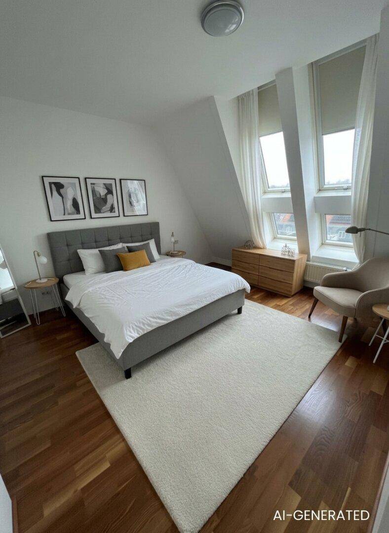 Modernes Schlafzimmer mit Holzboden, schrägen Wänden und mehreren Dachfenstern für viel Tageslicht.