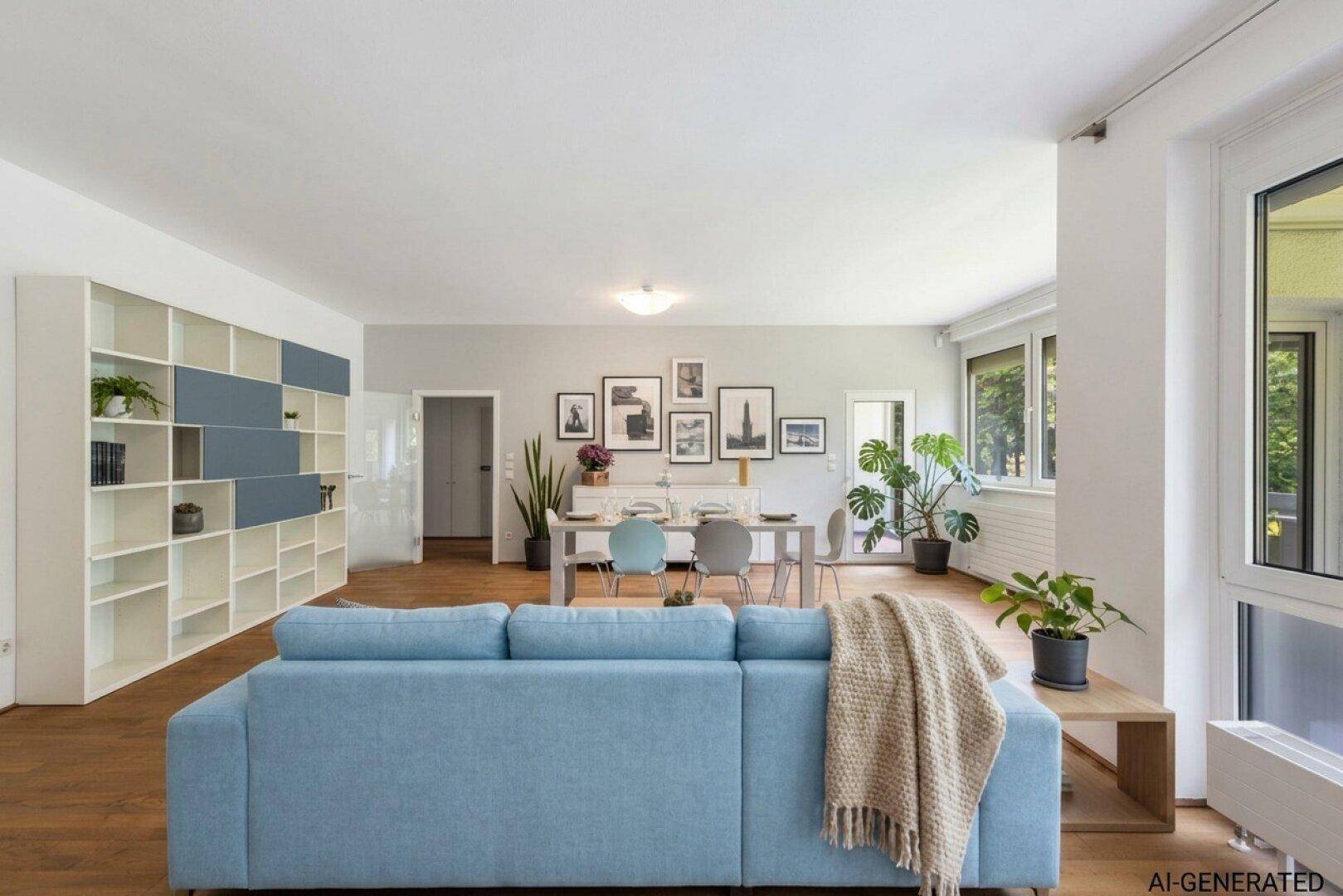Heller, offener Wohn- und Essbereich mit modernem Sofa, Holzboden und großen Fenstern.