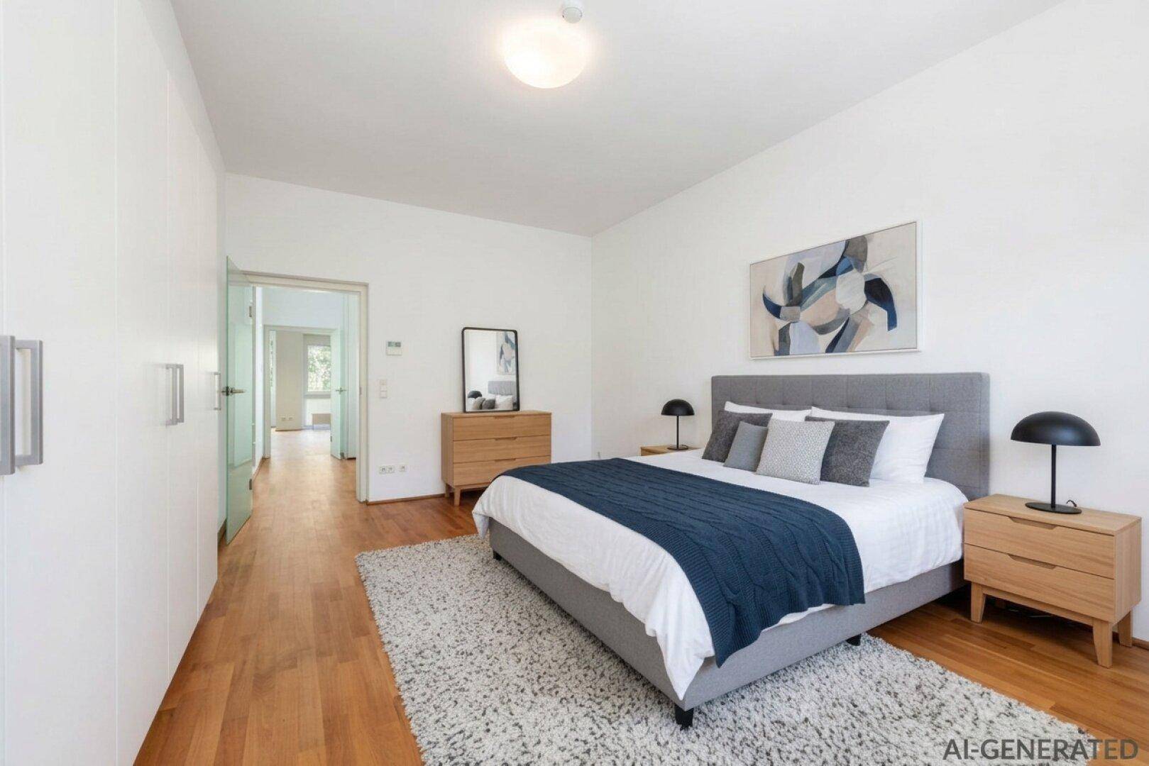 Geräumiges Schlafzimmer mit Holzboden, großem Bett und praktischen integrierten Kleiderschränken.