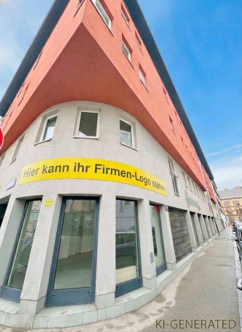 Eckgebäude mit moderner Architektur, großen Schaufenstern und einer auffälligen roten Fassade.