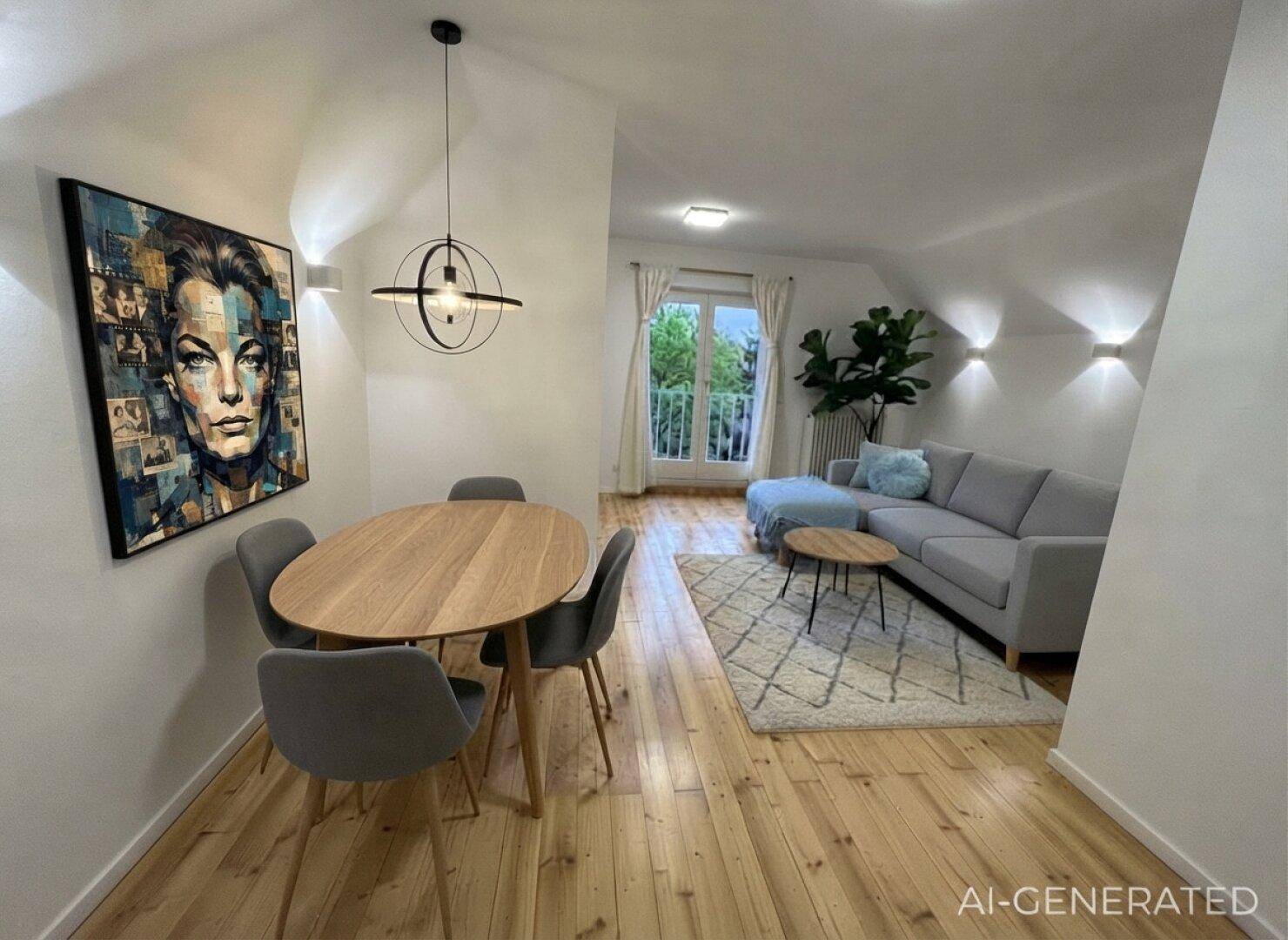 Heller offener Wohn-Essbereich mit Holzboden, moderner Einrichtung und Zugang zu einem Außenbereich.