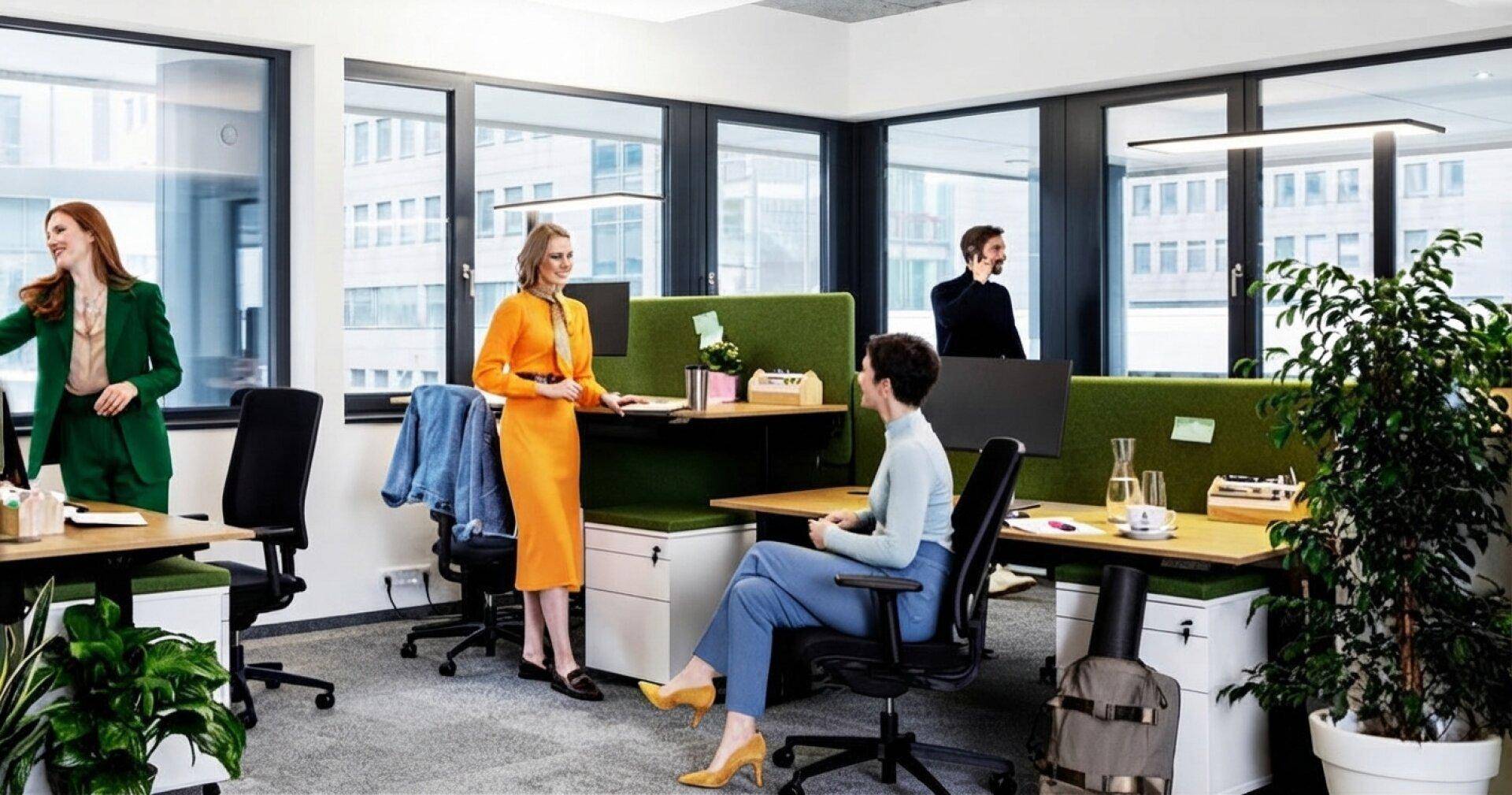 Helles Großraumbüro mit modernen Arbeitsplätzen, ergonomischen Stühlen und viel Tageslicht durch große Fenster.