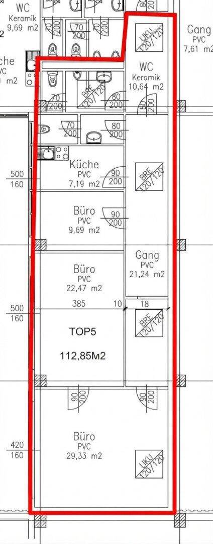 Grundrissplan einer Bürofläche von 112,85 m² mit mehreren Büros, Küche und WCs.