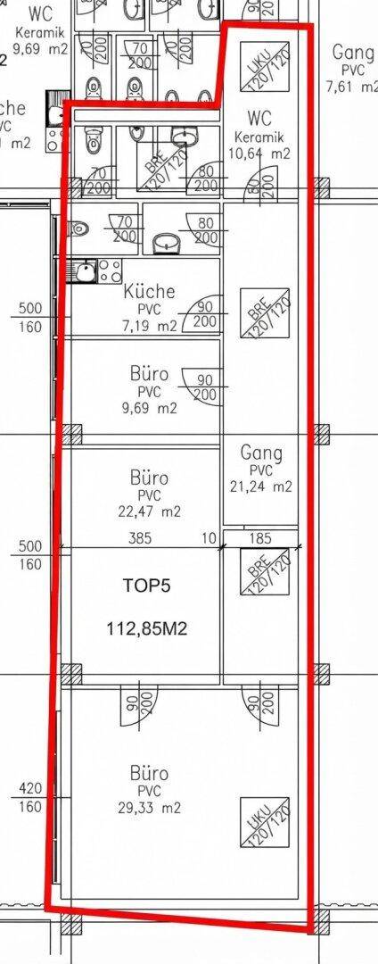 Grundrissplan einer Bürofläche von 112,85 m² mit mehreren Büros, Küche und WCs.