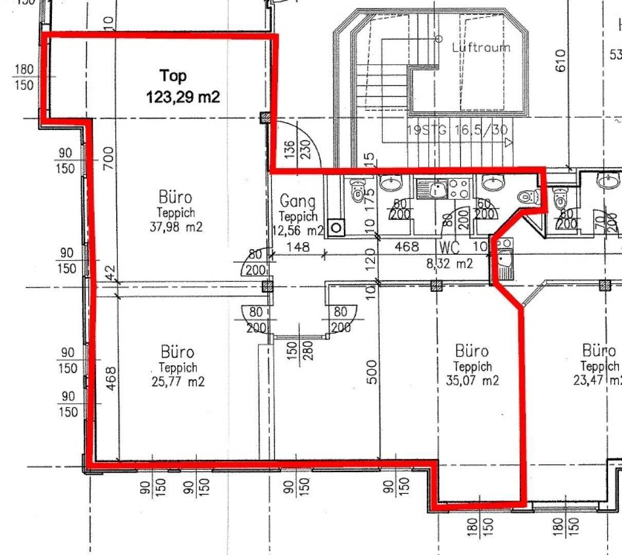 Grundrissplan eines Bürogeschosses mit mehreren Büroräumen, Flur und WC, Gesamtfläche 123,29 m².