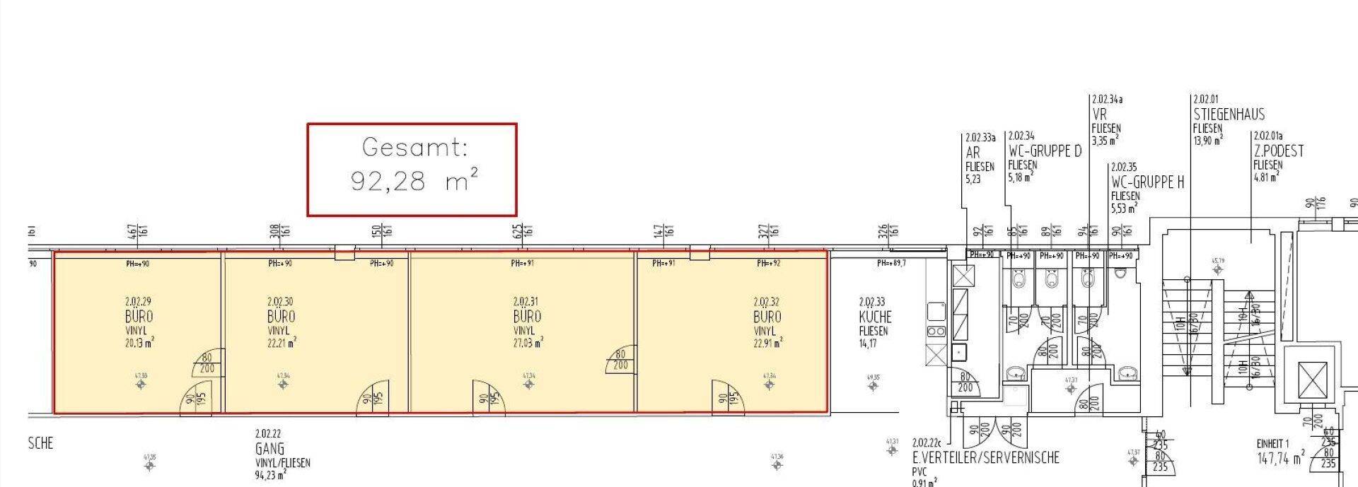 Grundrissplan zeigt vier Büroräume und eine Küche mit einer Gesamtfläche von 92,28 m².