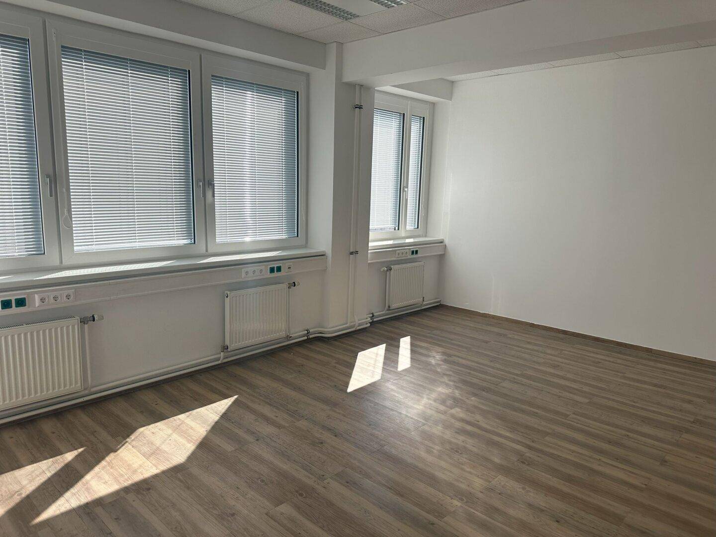 Geräumiges Büro mit mehreren Fenstern, Laminatboden und viel Tageslicht, in gutem Zustand.